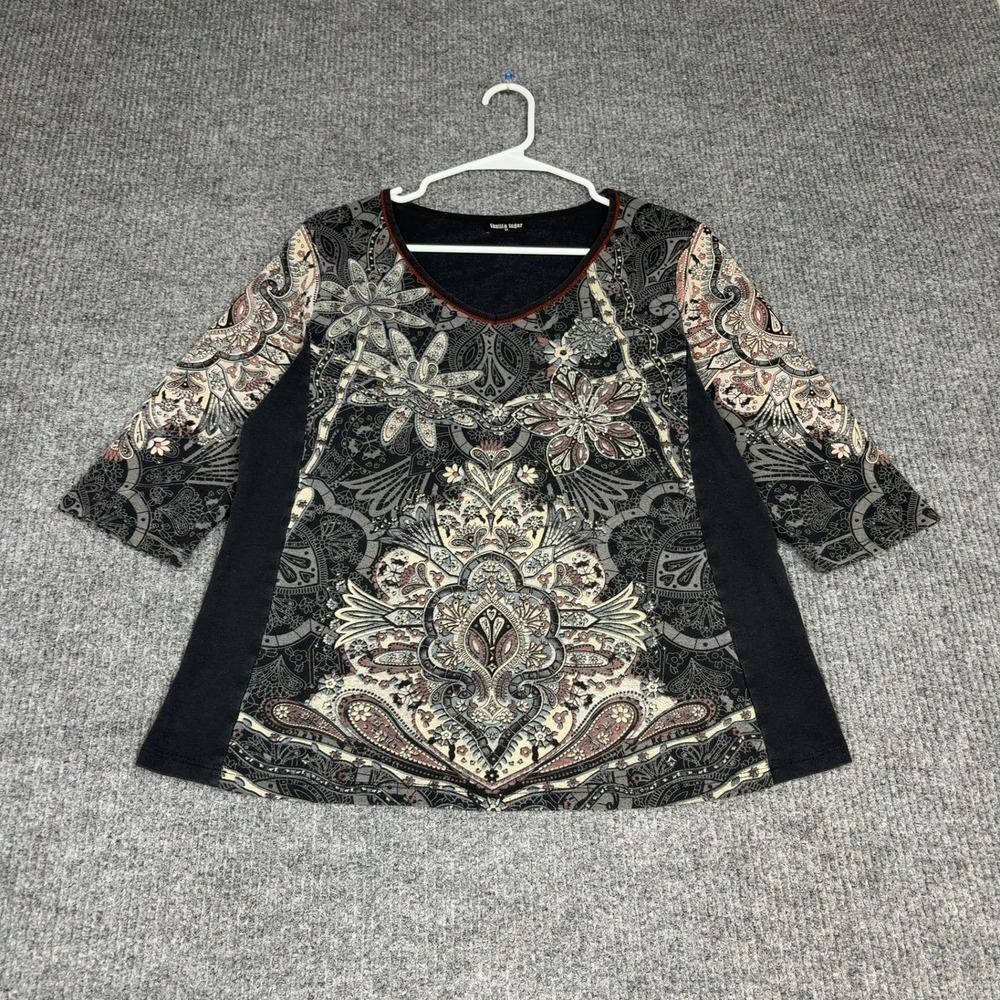 Y2K Vanilla Sugar Top Womens 1X Black Paisley Rhinestone Embellished Boho Cotton